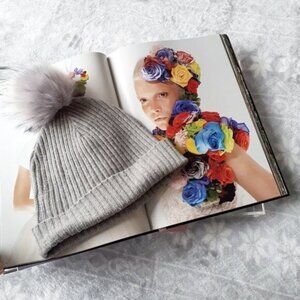 Aphorism grey knit beanie hat w/ faux fur pom pom